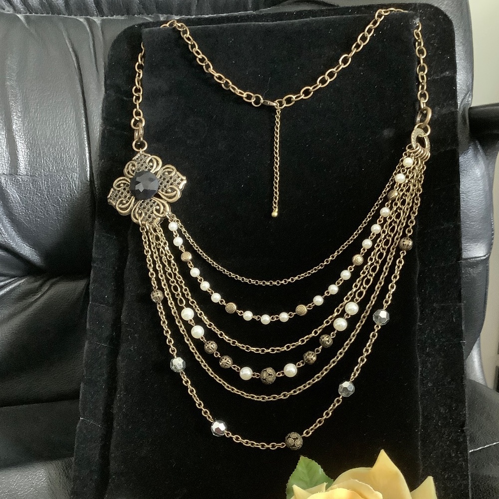 ART BY AMY LABBE Vintage Style Multi strand Bronze Tone Necklace 17” long